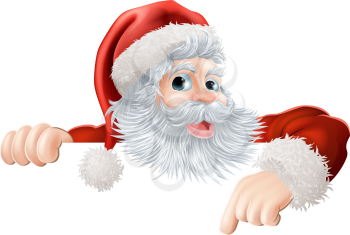 Cartoon illustration of Santa Claus pointing down at Christmas message or sign