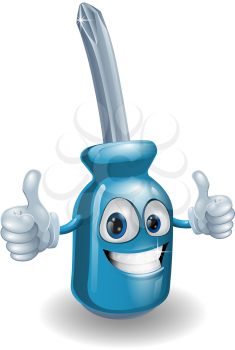Blue cartoon cross head screwdriver mascot man doing thumbs up