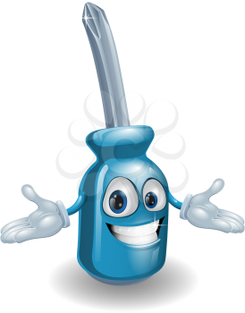 An illustration of a happy blue cartoon screwdriver person
