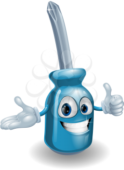 A blue smiling screwdriver mascot man giving a thumbs up