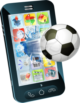 Illustration of an soccer ball flying out of cell phone screen