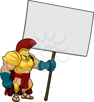 Cartoon illustration of a tough looking Spartan or Trojan soldier holding a sign board
