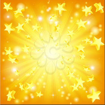 Orange and yellow background with 3d stars flying out.