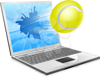 Illustration of a tennis ball flying out of a broken laptop computer screen