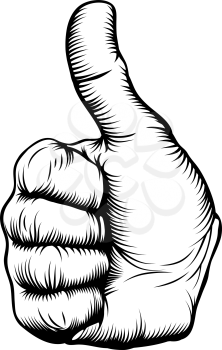Illustration of a hand giving a thumbs up in a woodblock style
