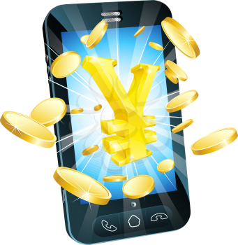 Yen money phone concept illustration of mobile cell phone with gold yen sign and coins
