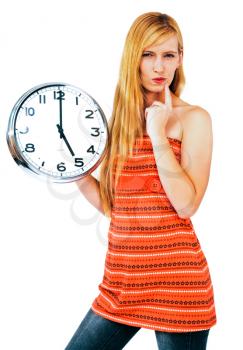 Royalty Free Photo of a Female Model Holding a Clock