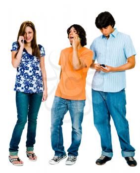 Sister and brothers using mobile phones isolated over white