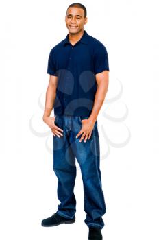 Confident mid adult man posing and smiling isolated over white