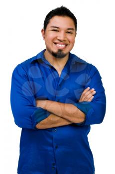 Close-up of a young man posing and smiling isolated over white