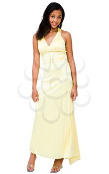 Teenage girl standing and smiling isolated over white