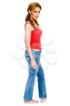 Confident mid adult woman posing and smiling isolated over white