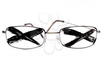 X marks on eyeglasses isolated over white