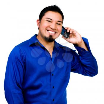 Close-up of a man talking on a mobile phone isolated over white