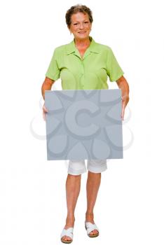 Woman showing a placard and smiling isolated over white