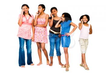 Five friends talking on mobile phones isolated over white