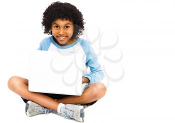 Boy surfing the net isolated over white