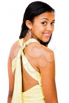 Portrait of a teenage girl smiling isolated over white