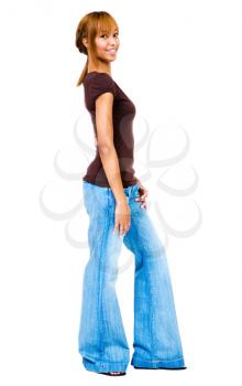 Fashion model standing and smiling isolated over white