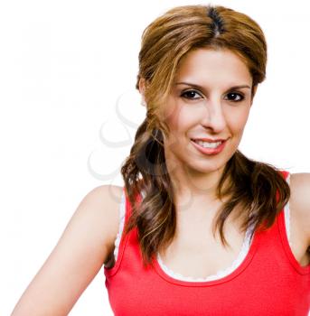 Latin American mid adult woman posing and smiling isolated over white