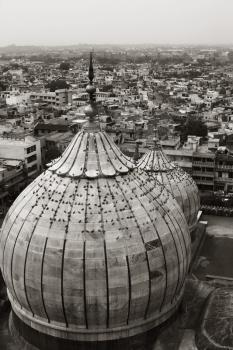 Domes of a mosque with cityscape, Jama Masjid, Delhi, India
