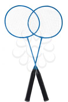 Close-up of two badminton rackets