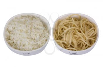 Close-up of two bowls of boiled rice and noodles