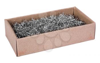 Close-up of straight pins in a box