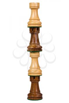 Close-up of a stack of rook chess pieces