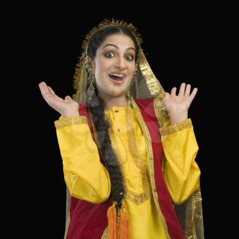 Portrait of a woman in yellow Punjabi dress with her mouth open