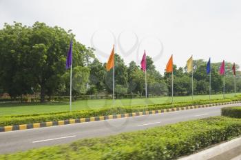 Flags at roadside, Shanti Path, New Delhi, India