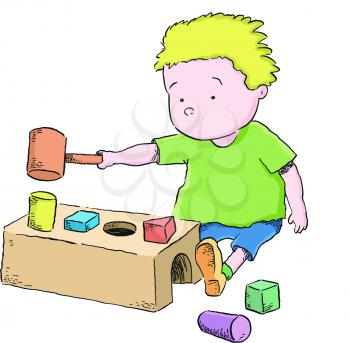 Royalty Free Clipart Image of a Boy Hammering Blocks