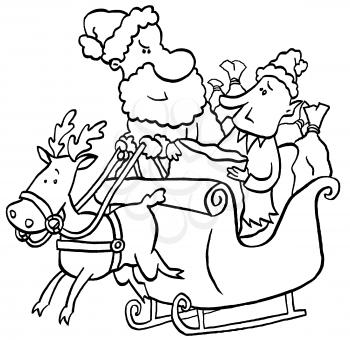 Royalty Free Clipart Image of Santa and an Elf in the Sleigh With a Reindeer