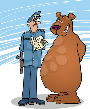Royalty Free Clipart Image of a Cop Checking a Bear's ID