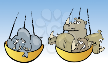 Royalty Free Clipart Image of a Scale With an Elephant and Rhinoceroses