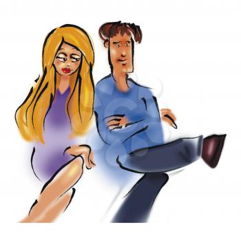 Royalty Free Clipart Image of a Young Man and Woman Sitting Together