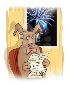 Royalty Free Clipart Image of a Dog and Fireworks in the Window