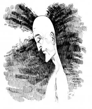 Royalty Free Clipart Image of a Sketch of a Man With His Head Bowed