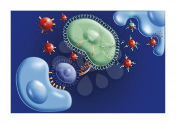 Royalty Free Clipart Image of Green and Blue Shapes With Spiked Red Balls Depicting a Virus Attack