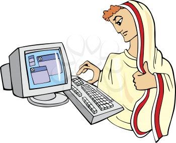 Royalty Free Clipart Image of a Man in a Toga With a Computer