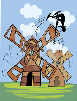 Royalty Free Clipart Image of a Black Silhouette Caught ina  Windmill