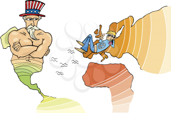 Royalty Free Clipart Image of Uncle Sam on North America and a Man Representing the EU
