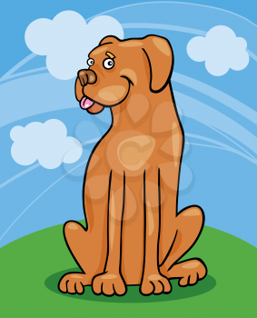 Cartoon Illustration of Funny Purebred Boxer or Bulldog Dog against Blue Sky with Clouds