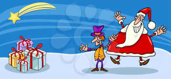 Greeting Card Cartoon Illustration of Santa Claus or Papa Noel with Christmas Elf and Presents