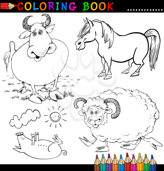 Coloring Book or Page Cartoon Illustration of Funny Farm and Livestock Animals for Children