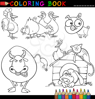 Coloring Book or Page Cartoon Illustration of Funny Farm and Livestock Animals for Children