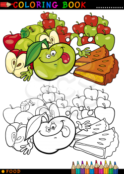 Coloring Book or Page Cartoon Illustration of Funny Food Characters Apples and Pie Cakes for Children Education