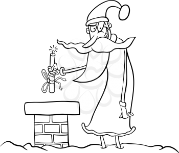 Cartoon Illustration of Funny Santa Claus or Papa Noel on the Roof with Stick of Dynamite as Christmas Present for Coloring Book