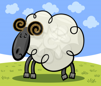 Illustration of Cute Ram or Sheep Farm Animal Cartoon Character on the Pasture