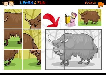 Cartoon Illustration of Education Puzzle Game for Preschool Children with Funny Yak Bull Animal